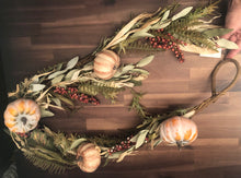 Load image into Gallery viewer, Hayride leaves, corn husks, berries and pumpkins Garland
